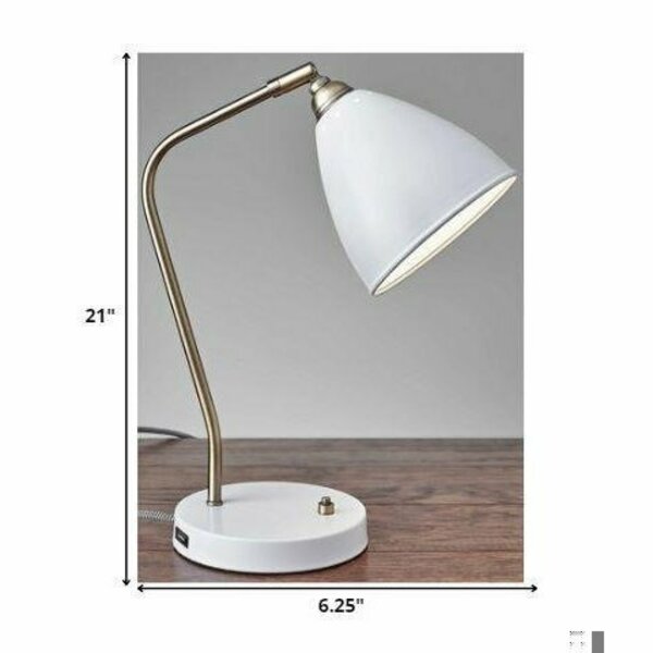 Homeroots White Metal & Antique Brass Adjustable USB Port Desk Lamp 372588